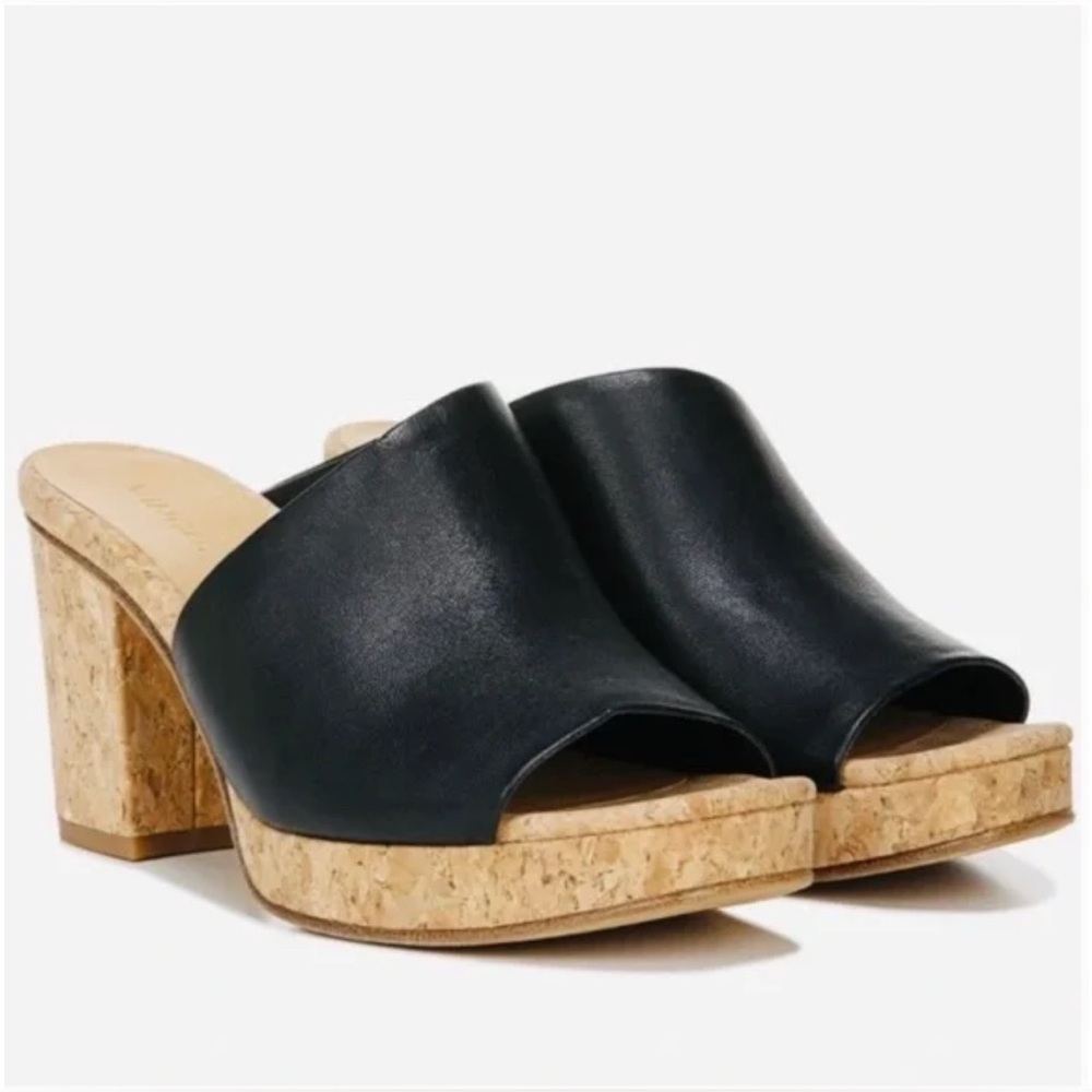 Vince Wyatt Leather Sandals‎ Size 6 Black Cork Platform Slides Slip On Open Toe